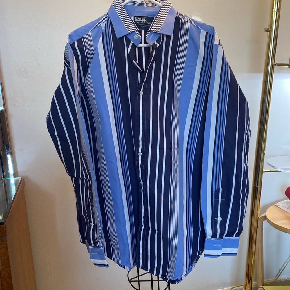 Men’s Polo by Ralph Lauren shirt. Dark blue, light blue and white striped